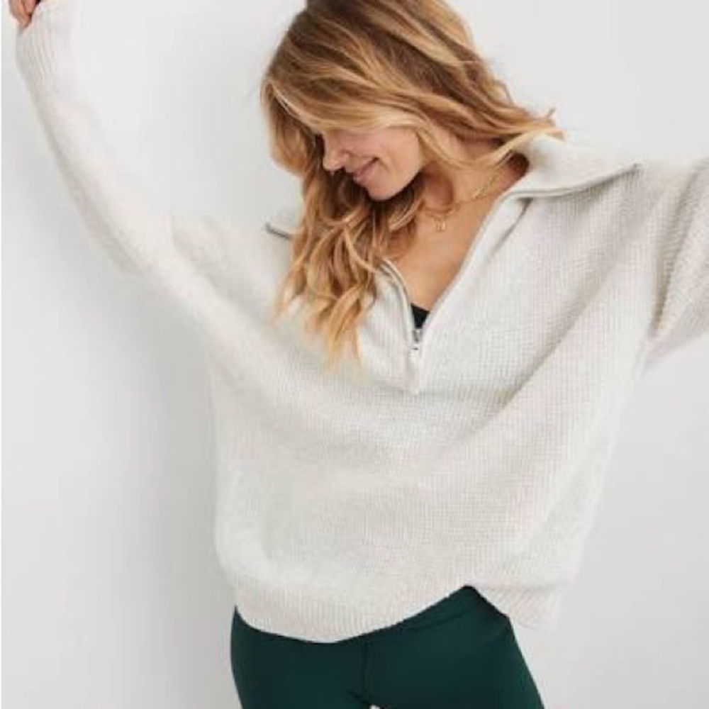 Aerie Cozy Up Waffle Quarter Zip Sweater Small